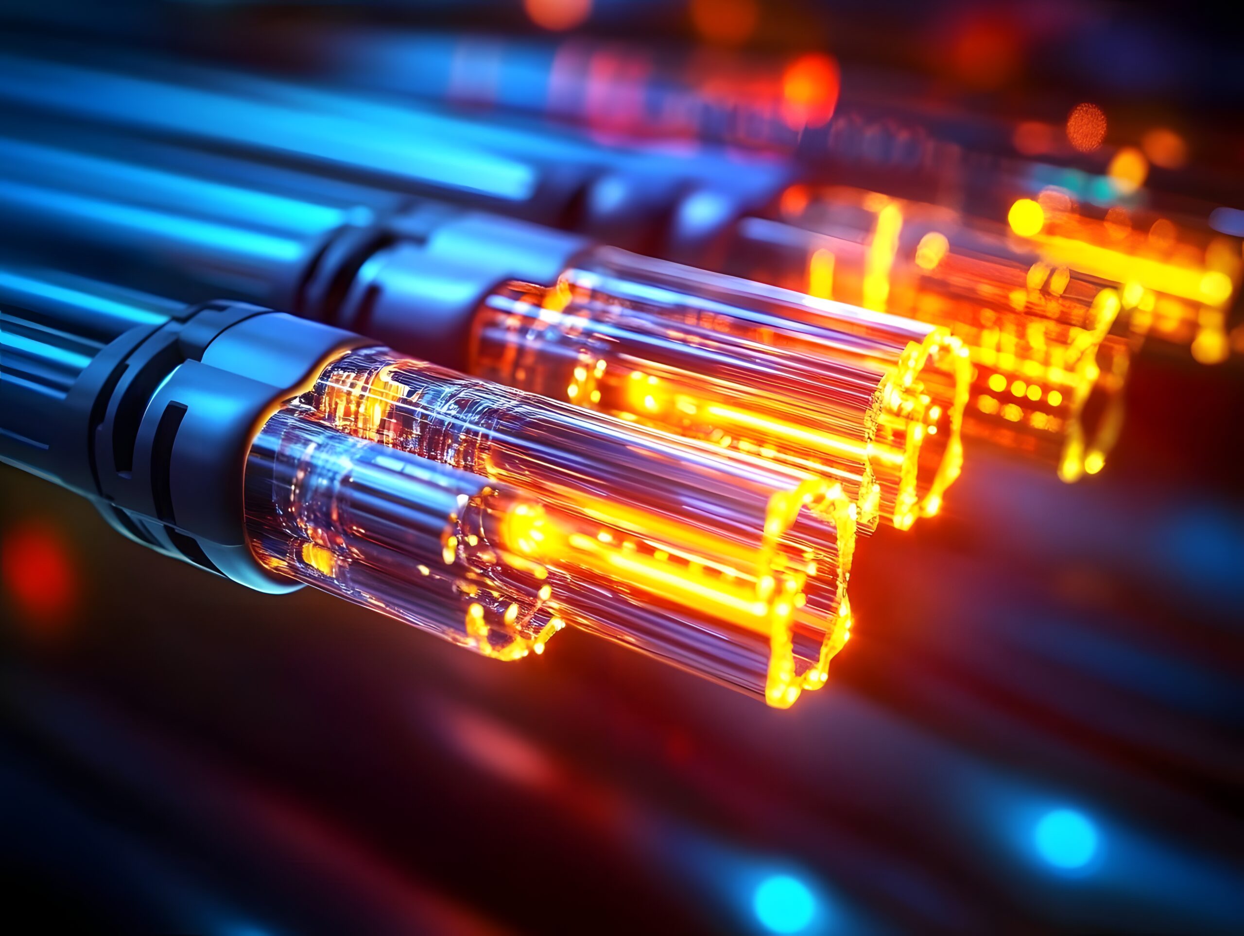 A close-up view of illuminated fiber optic cables showcasing vibrant light transmission.