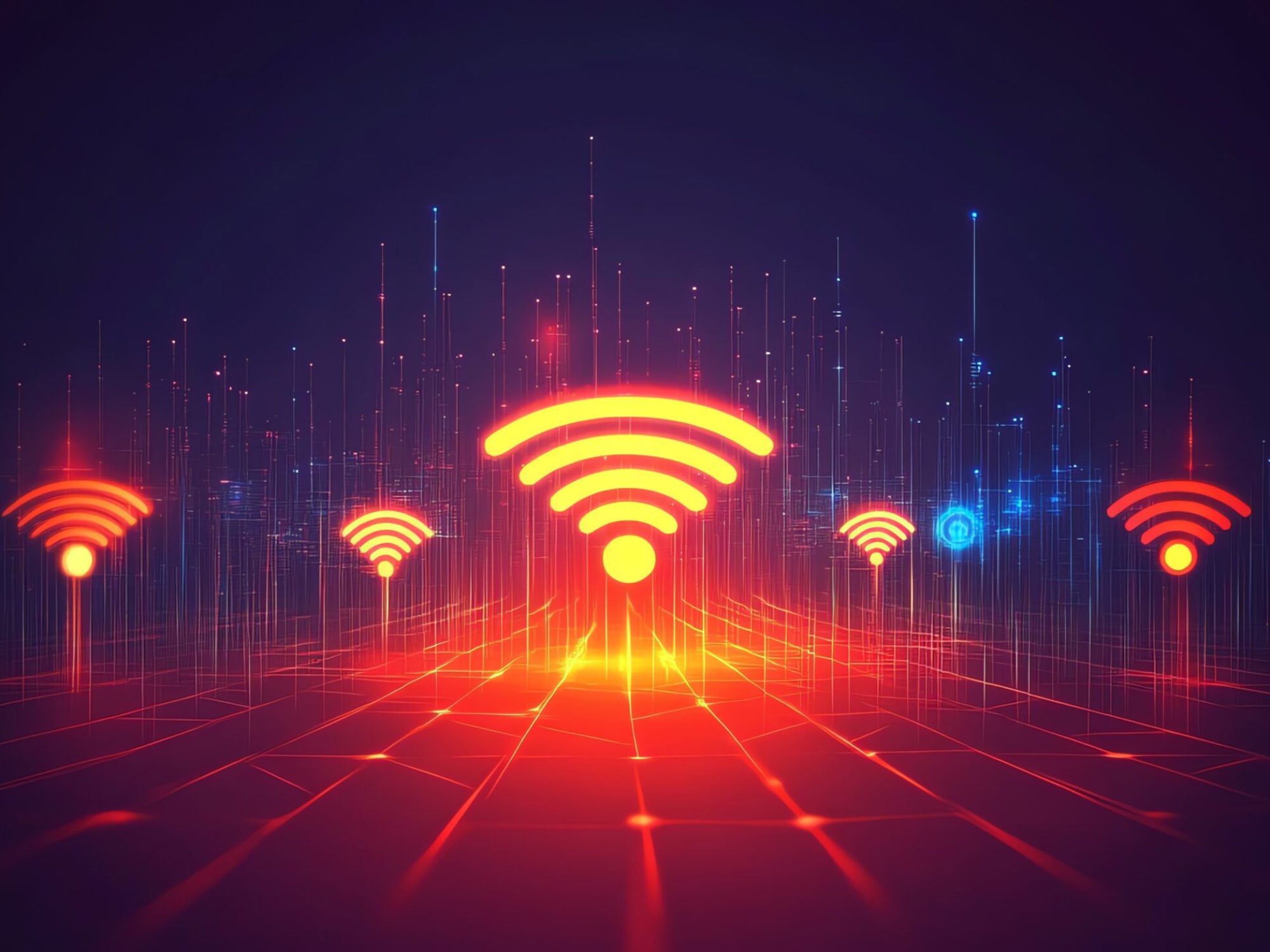 Abstract glowing wifi signal icons on dark background.