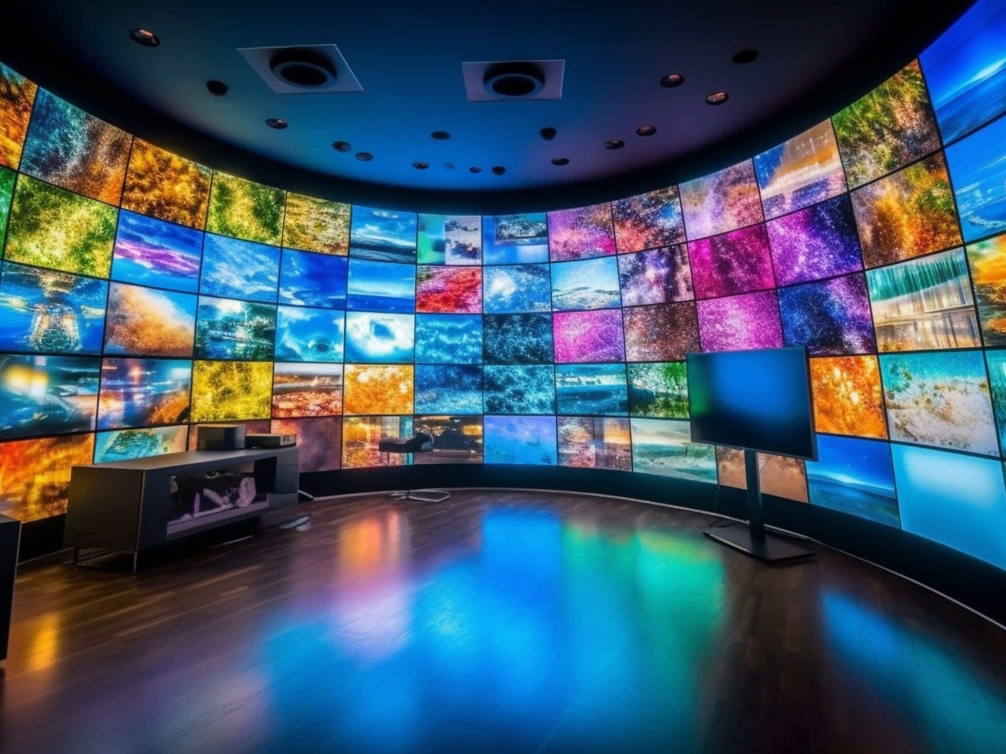Modern television broadcasting movie on wide screen generated by artificial intelligence